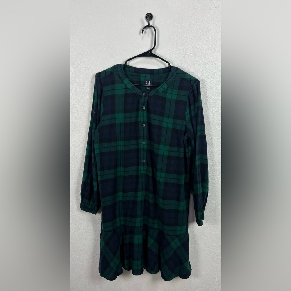 Gap Green Navy Blue Plaid Mini Dress Sz M Preppy Chic Ruffle Hem Fall TC0661
